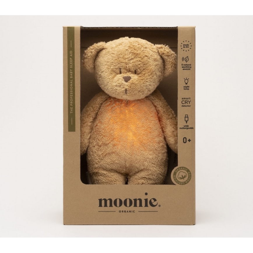 Moonie - Приятел за гушкане с мелодия и светлина малко мече 2.0 органичен капучино