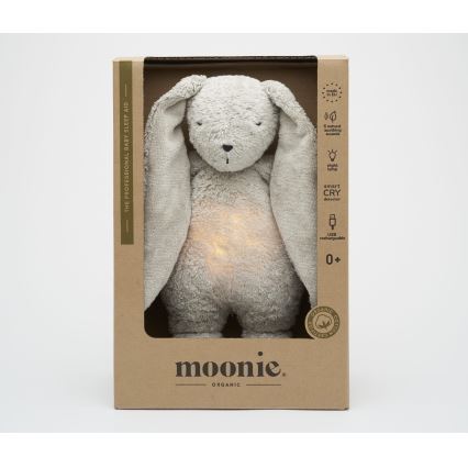 Moonie - Приятел за гушкане с мелодия и светлина зайче 2.0 органичен сив