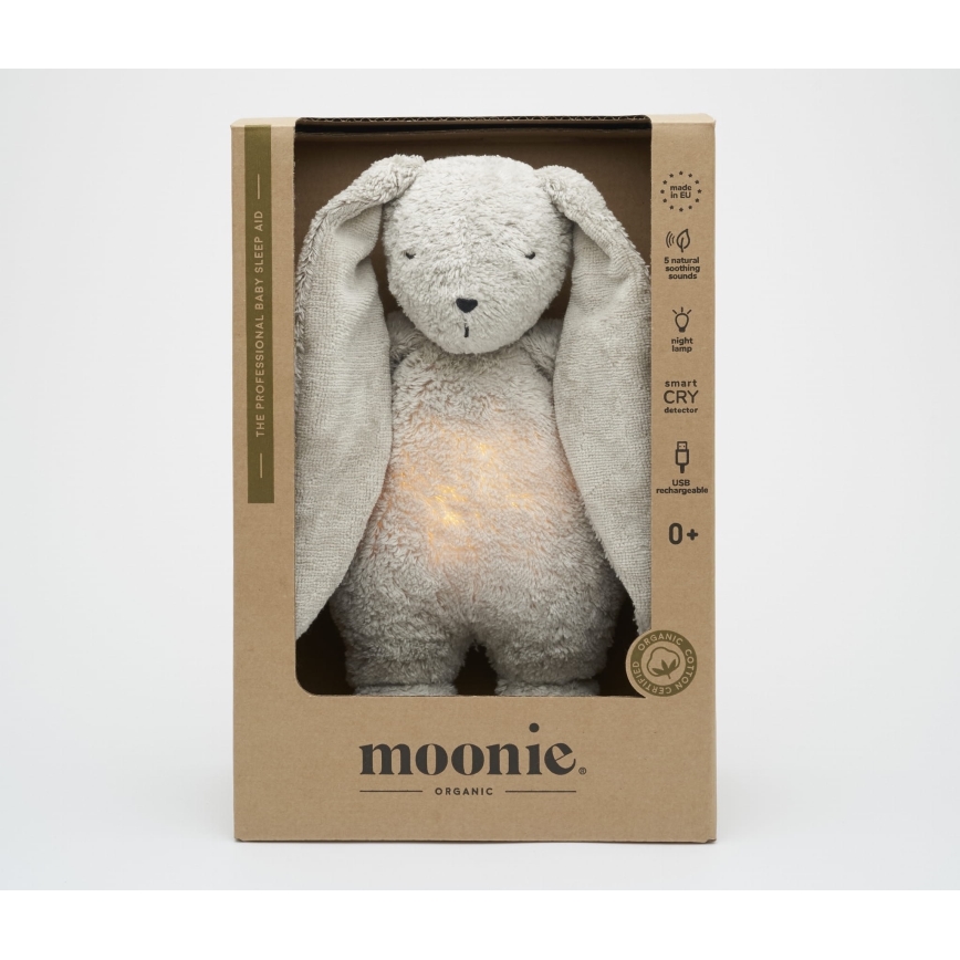 Moonie - Приятел за гушкане с мелодия и светлина зайче 2.0 органичен сив