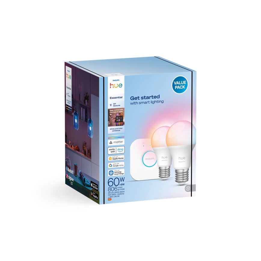 Начален комплект Philips Hue White And Color Ambiance Essential 2xE27/8W/230V 2200-6500K + устройство за свързване