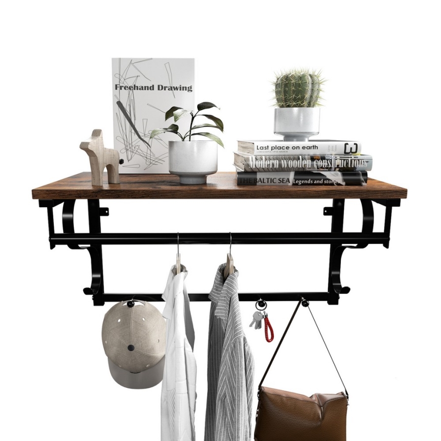 Настенна закачалка с рафт NATE кафява/черна