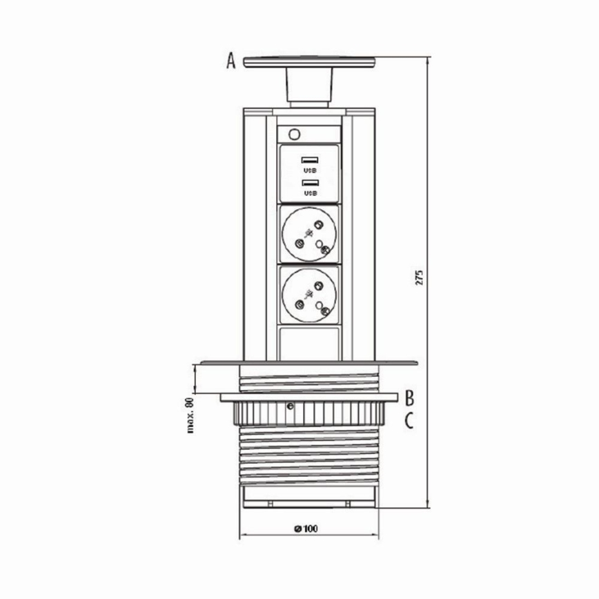 Настолен свързващият контакт 2x230V +USB-A 3,1A +UBS-C 15,5W 230V