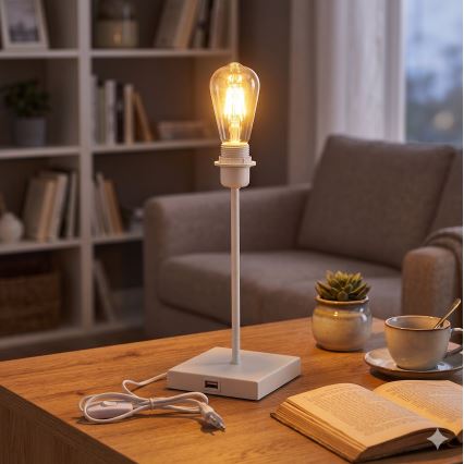 Настолна лампа с USB порт 1xE27/15W/230V бяла