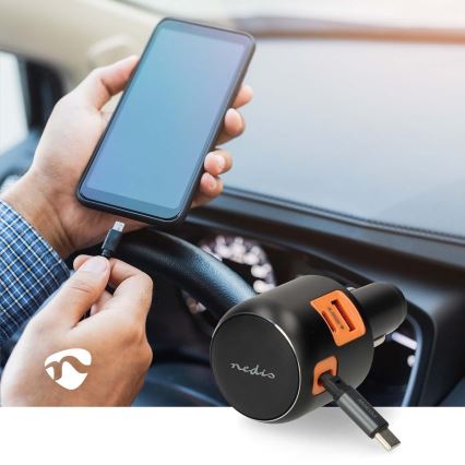 Автомобилно зарядно устройство с прибиращ се кабел, Power Delivery 30W, 2xUSB-C + 1xUSB-A