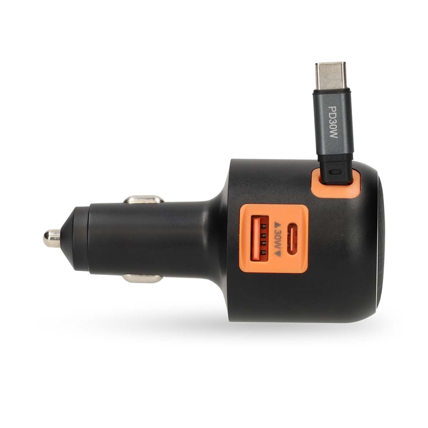 Автомобилно зарядно устройство с прибиращ се кабел, Power Delivery 30W, 2xUSB-C + 1xUSB-A