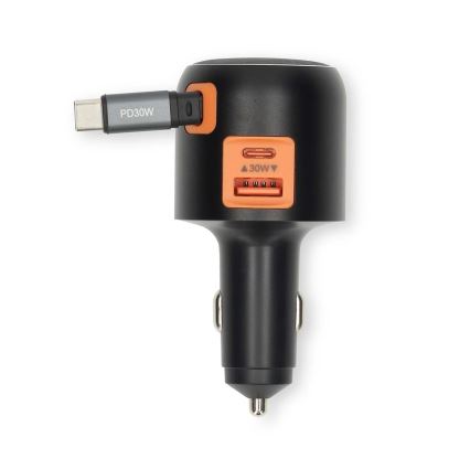 Автомобилно зарядно устройство с прибиращ се кабел, Power Delivery 30W, 2xUSB-C + 1xUSB-A