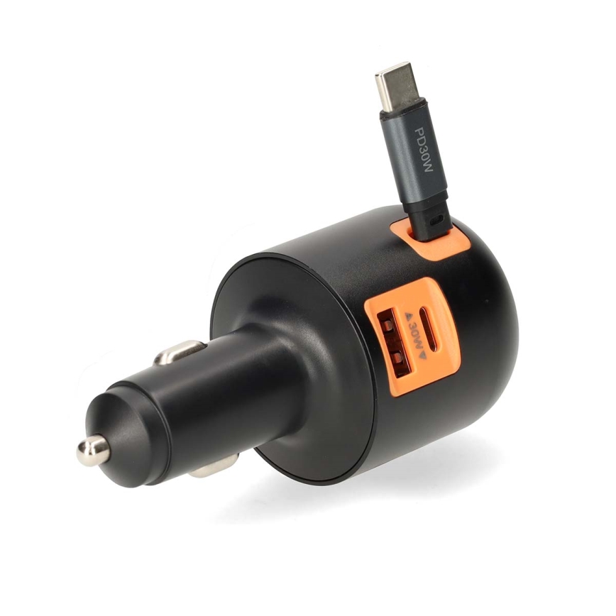Автомобилно зарядно устройство с прибиращ се кабел, Power Delivery 30W, 2xUSB-C + 1xUSB-A