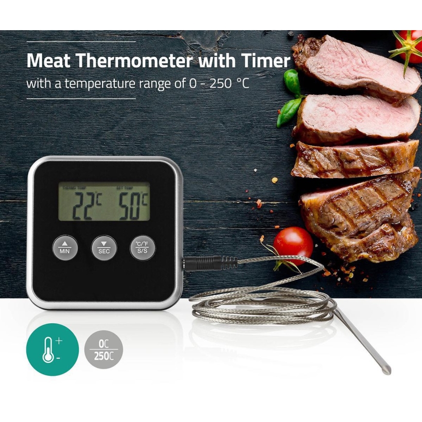 Термометър за месо с дисплей и таймер 0-250°C 1xAAA