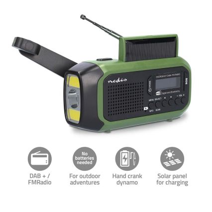 Радио DAB+/FM с манивела, соларен панел и LED фенер, 5V/2500 mAh, зелен/черен