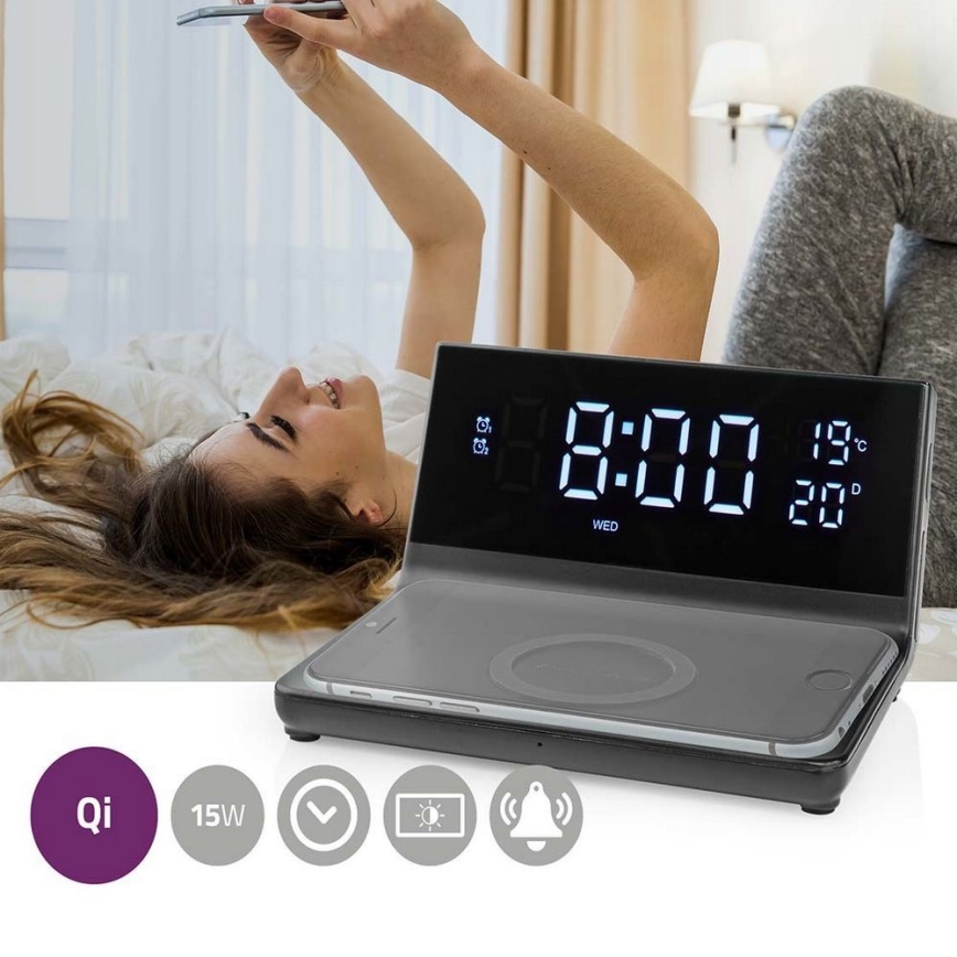 Будилник с LCD дисплей и безжично зарядно 15W/5V + 1xCR2032 черен
