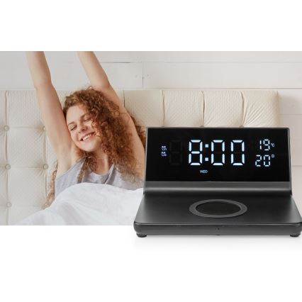 Будилник с LCD дисплей и безжично зарядно 15W/5V + 1xCR2032 черен
