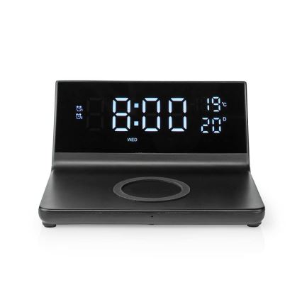 Будилник с LCD дисплей и безжично зарядно 15W/5V + 1xCR2032 черен