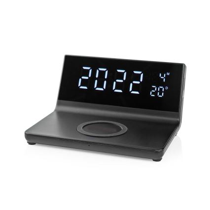 Будилник с LCD дисплей и безжично зарядно 15W/5V + 1xCR2032 черен