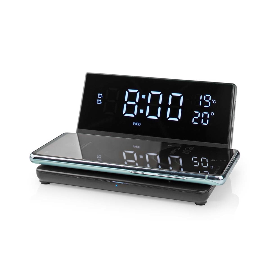 Будилник с LCD дисплей и безжично зарядно 15W/5V + 1xCR2032 черен