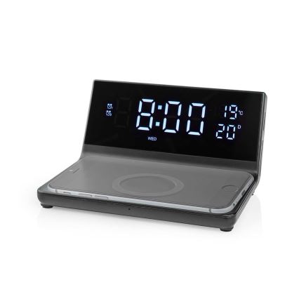 Будилник с LCD дисплей и безжично зарядно 15W/5V + 1xCR2032 черен