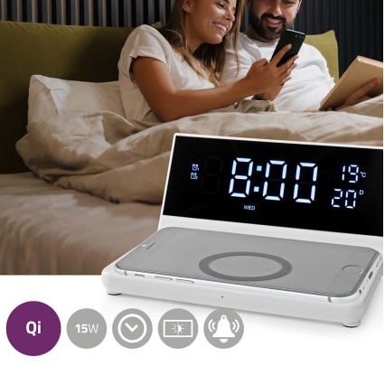 Будилник с LCD дисплей и безжичен зарядно устройство 15W/230V + 1xCR2032 бял