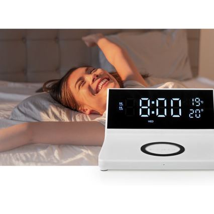 Будилник с LCD дисплей и безжичен зарядно устройство 15W/230V + 1xCR2032 бял