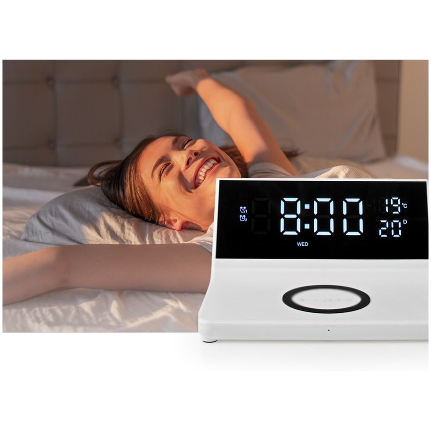 Будилник с LCD дисплей и безжичен зарядно устройство 15W/230V + 1xCR2032 бял