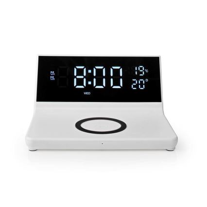 Будилник с LCD дисплей и безжичен зарядно устройство 15W/230V + 1xCR2032 бял