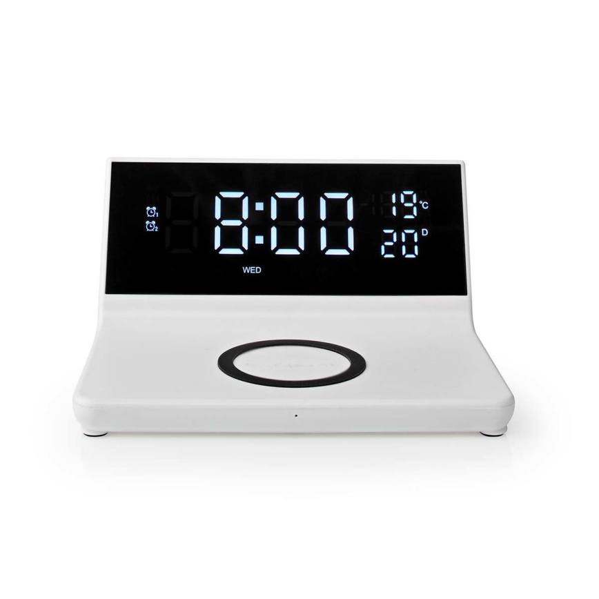 Будилник с LCD дисплей и безжичен зарядно устройство 15W/230V + 1xCR2032 бял