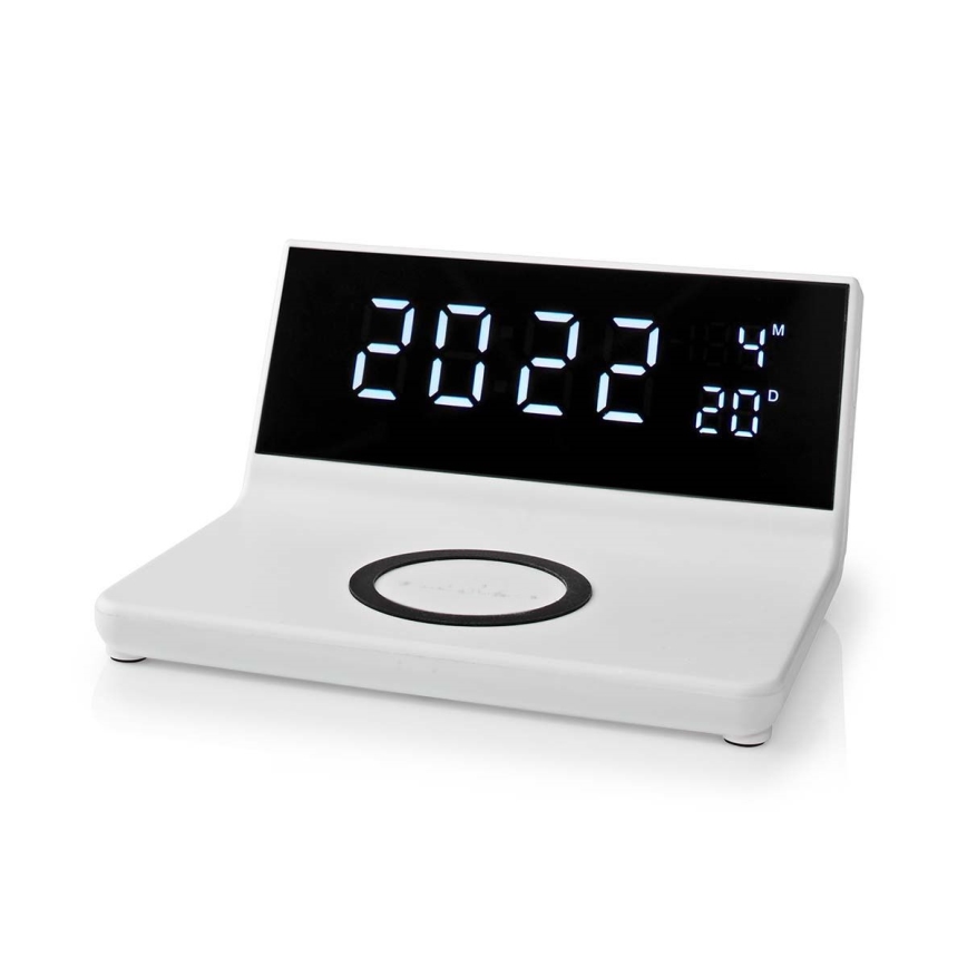 Будилник с LCD дисплей и безжичен зарядно устройство 15W/230V + 1xCR2032 бял