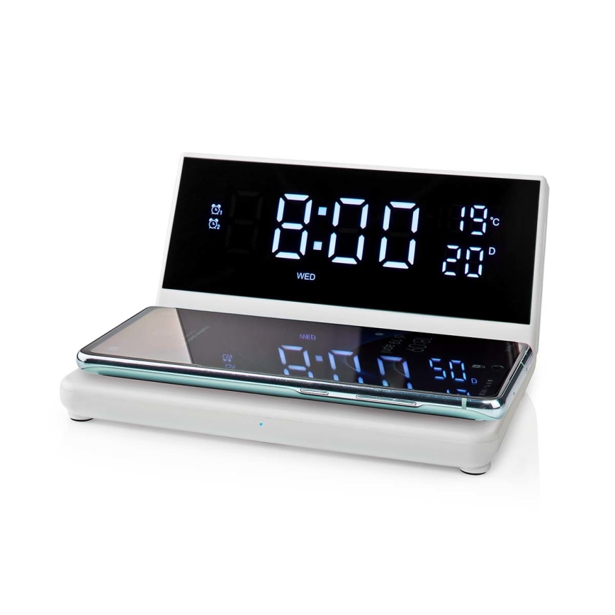Будилник с LCD дисплей и безжичен зарядно устройство 15W/230V + 1xCR2032 бял