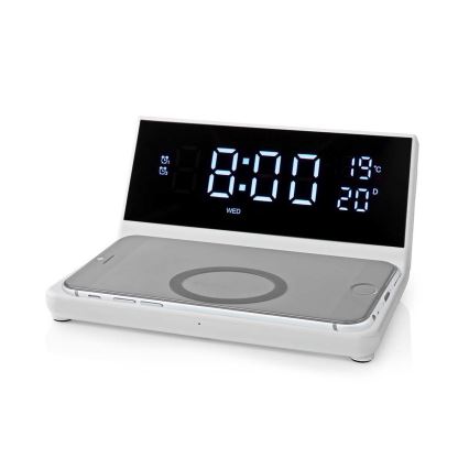 Будилник с LCD дисплей и безжичен зарядно устройство 15W/230V + 1xCR2032 бял