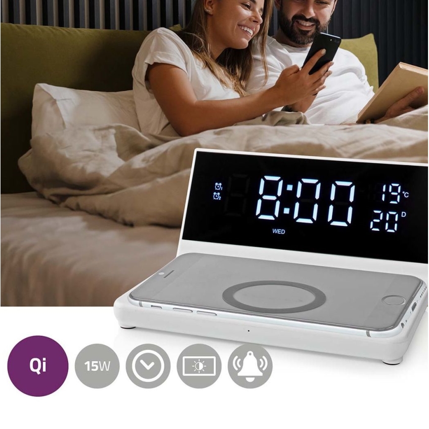 С будилник с LCD дисплей и безжично зарядно 15W/5V + 1xCR2032 бял