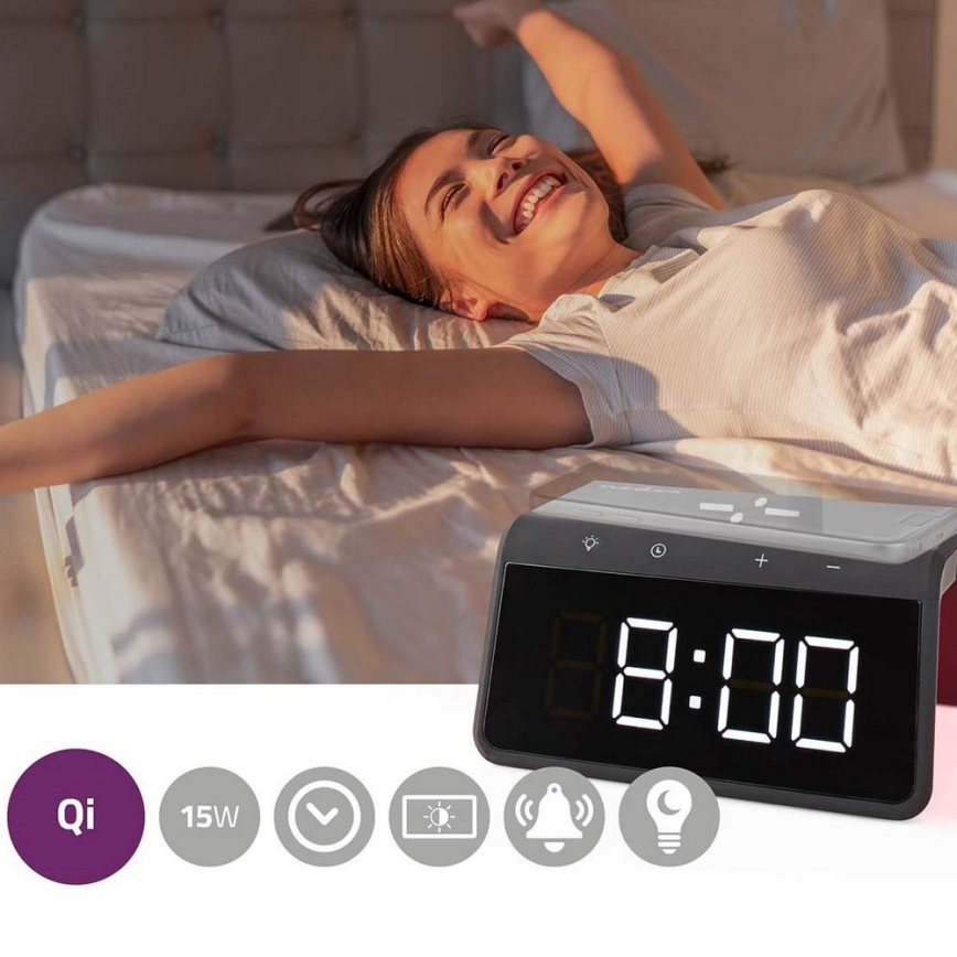 Будилник с LCD дисплей и безжичен зарядно устройство 15W/230V 1x CR2032 черен