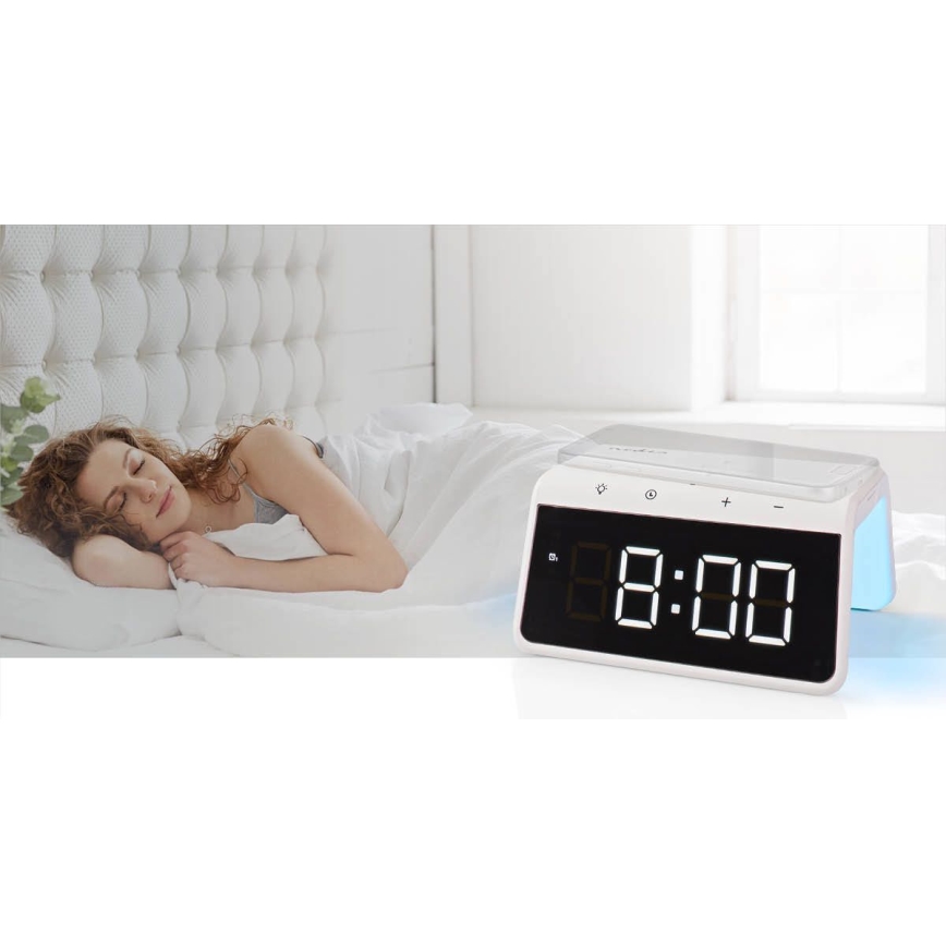 Будилник с LCD дисплей и безжично зарядно 15W/5V 1xCR2032 бял