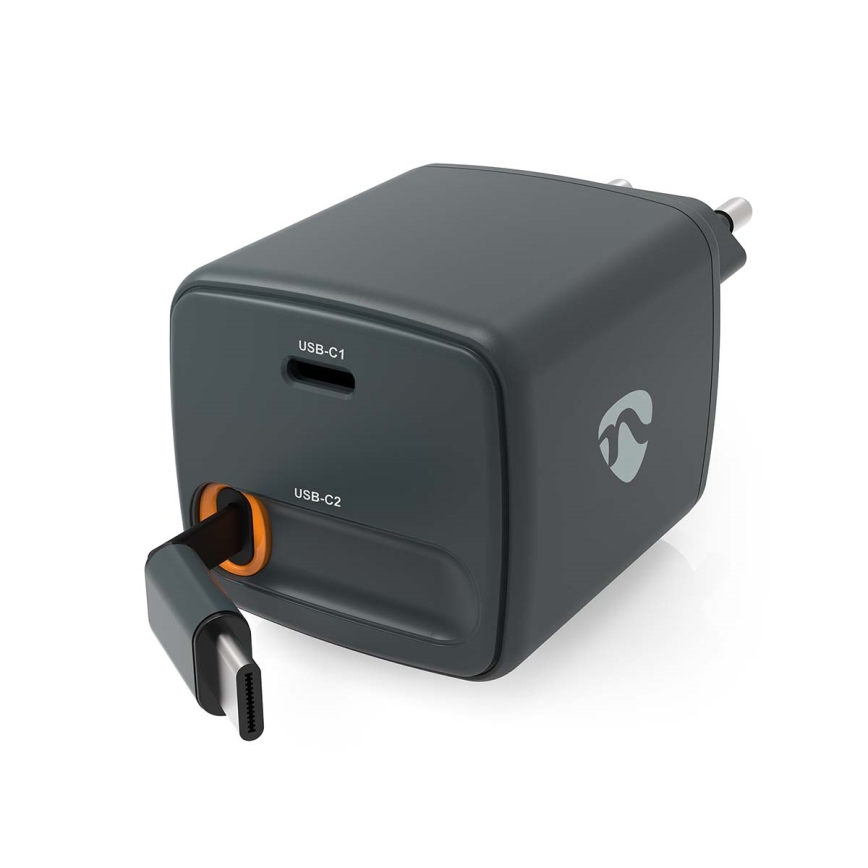 Зарядно устройство с прибиращ се кабел, Power Delivery 30W, 2xUSB-C, черно