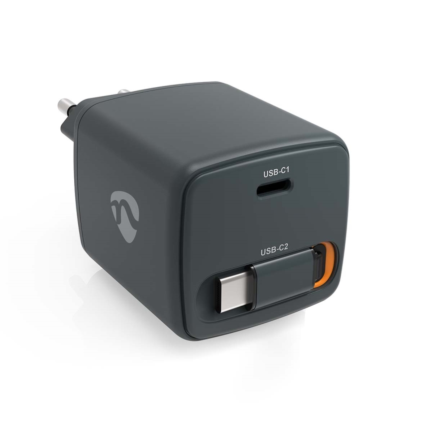 Зарядно устройство с прибиращ се кабел, Power Delivery 65W, 2x USB-C, черно