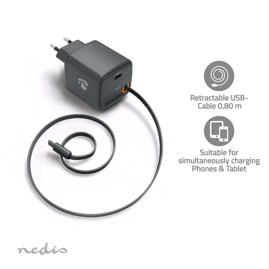 Зарядно устройство с прибиращ се кабел, Power Delivery 65W, 2x USB-C, черно