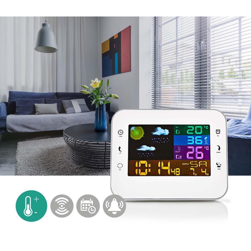 Метеорологична станция с цветен LCD дисплей 230V/3xAAA + 2xAA бял