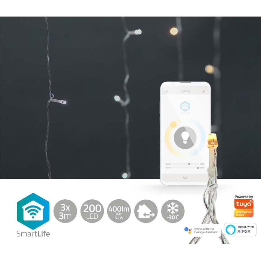 LED Коледна завеса 200xLED/11 функции 6м IP65 Wi-Fi Tuya топло до студено бяла