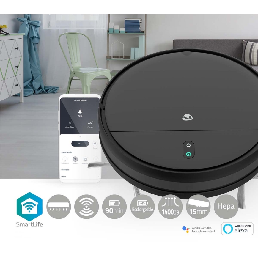 Интелигентна прахосмукачка робот с моп 28W/2500 mAh Wi-Fi черен + дистанционно управление