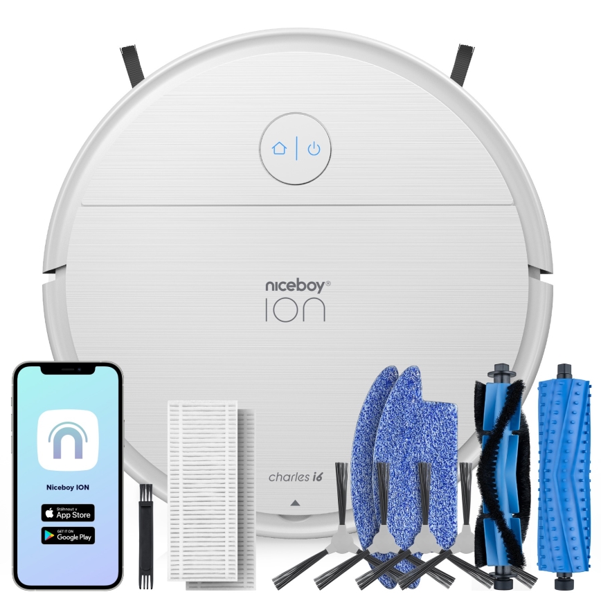 Niceboy ION Charles i6 - Интелигентна прахосмукачка робот 2в1 2600 mAh Wi-Fi бял
