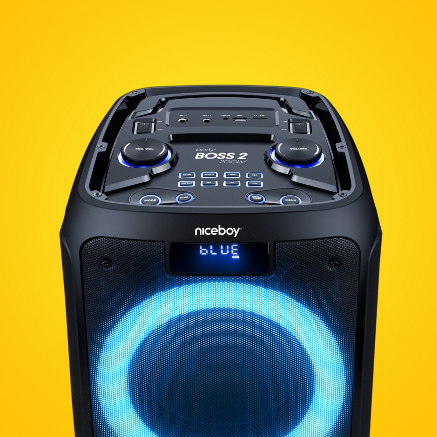 Niceboy PARTY Boss 2 - LED Безжична колонка с микрофон и външна батерия функция 200W/4500 mAh + дистанционно управление