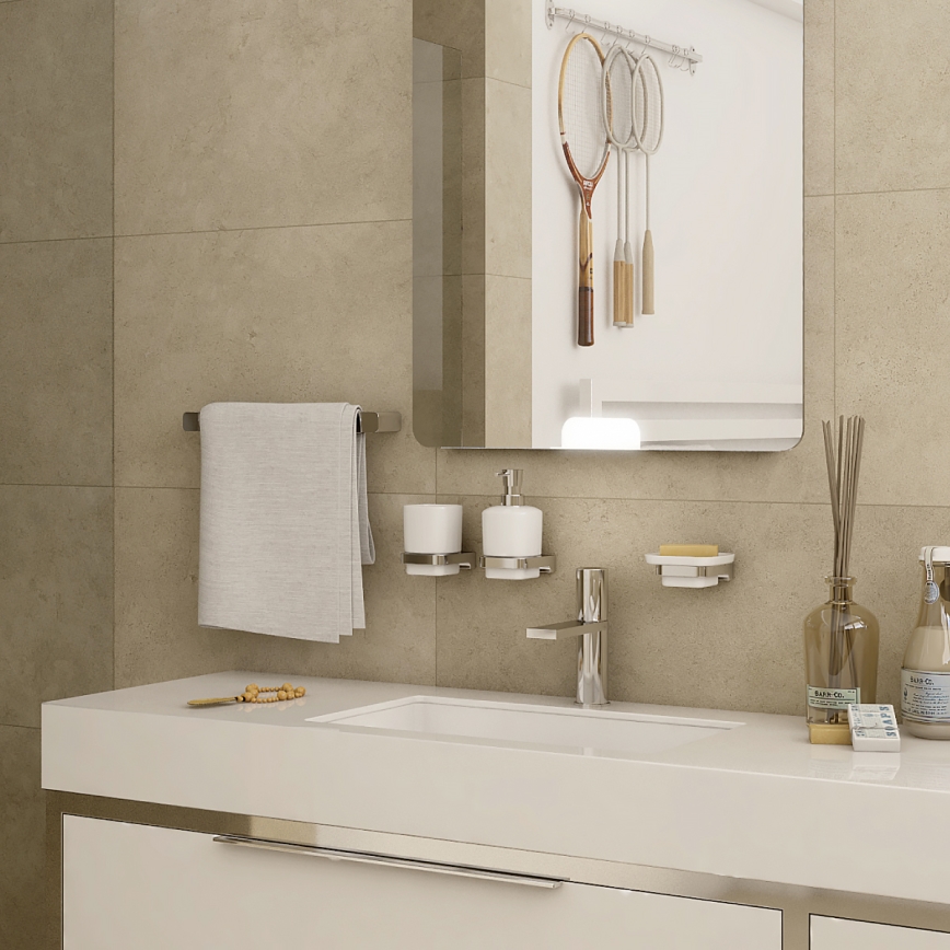 NIMCO MA комплект-31K-26 - Стенен дозатор за сапун, поставка за четки за зъби и закачалка MAYA 320 мм бял/лъскав хром