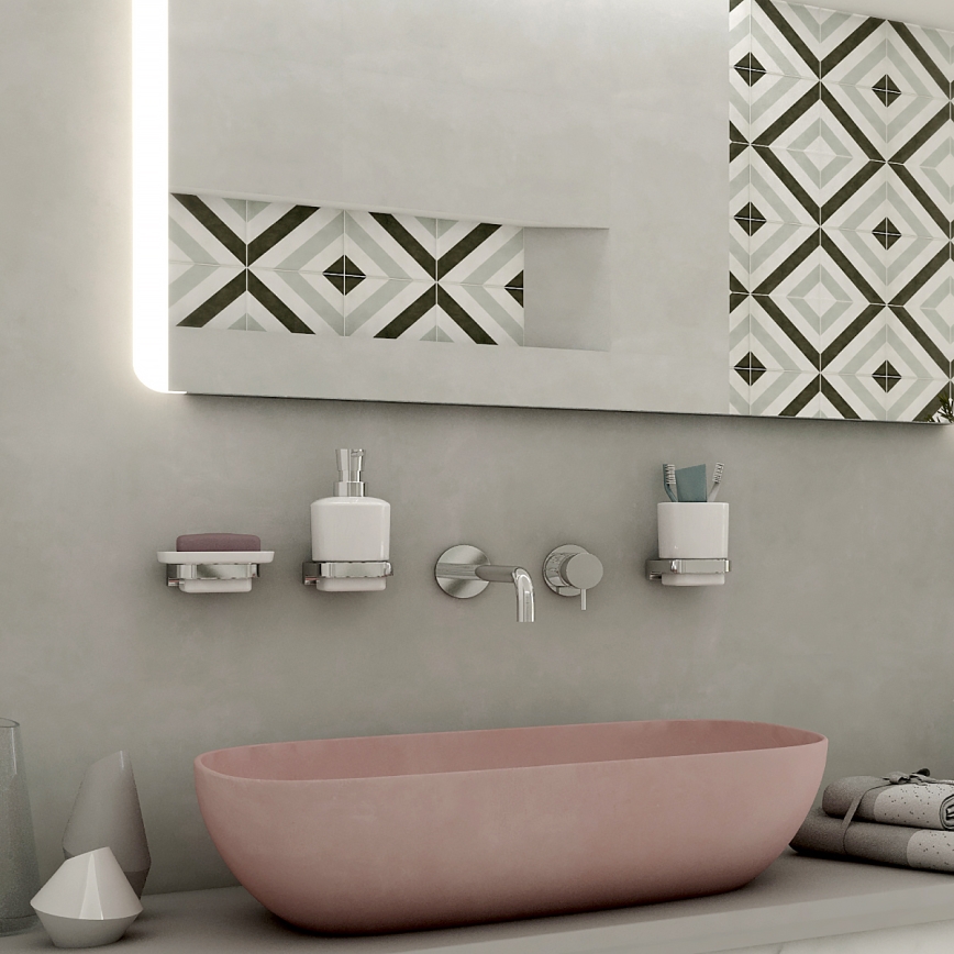 NIMCO MA комплект-31K-26 - Стенен дозатор за сапун, поставка за четки за зъби и закачалка MAYA 320 мм бял/лъскав хром