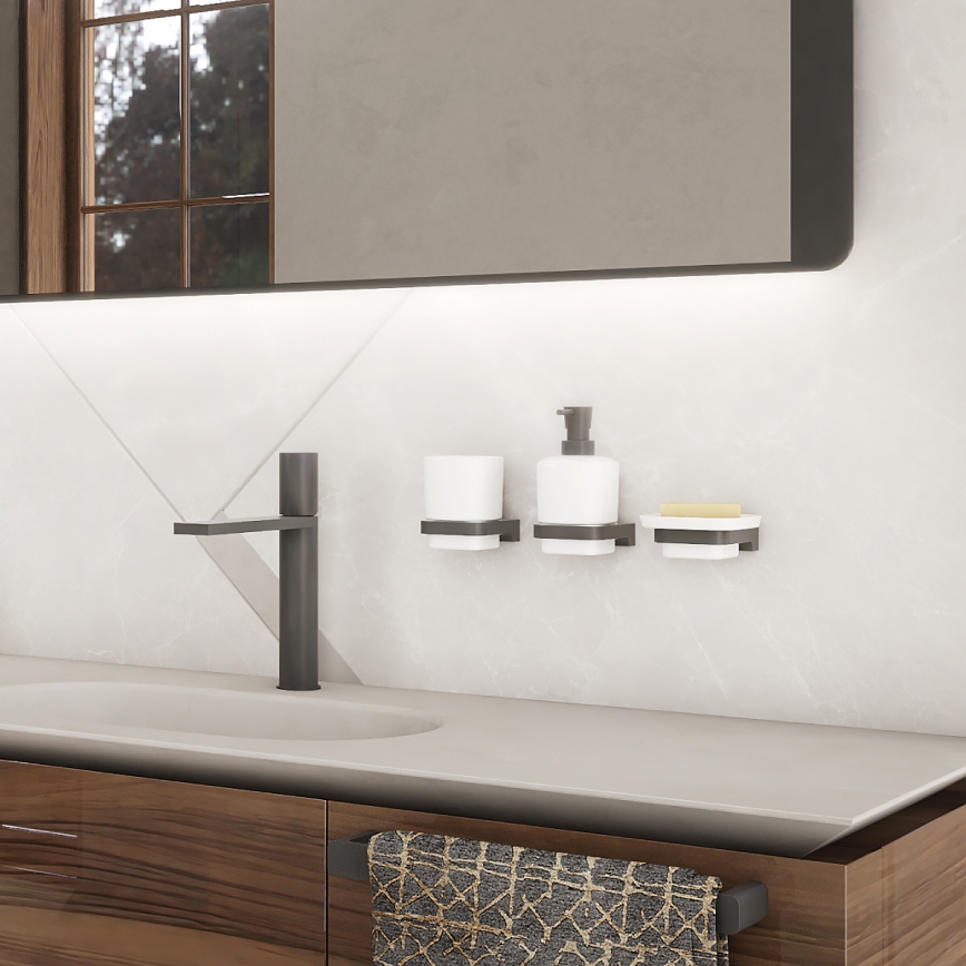 NIMCO MAC 2905831K-T-90 - Стенен дозатор за сапун с поставка за четки за зъби MAYA 320 мм бял/матов черен