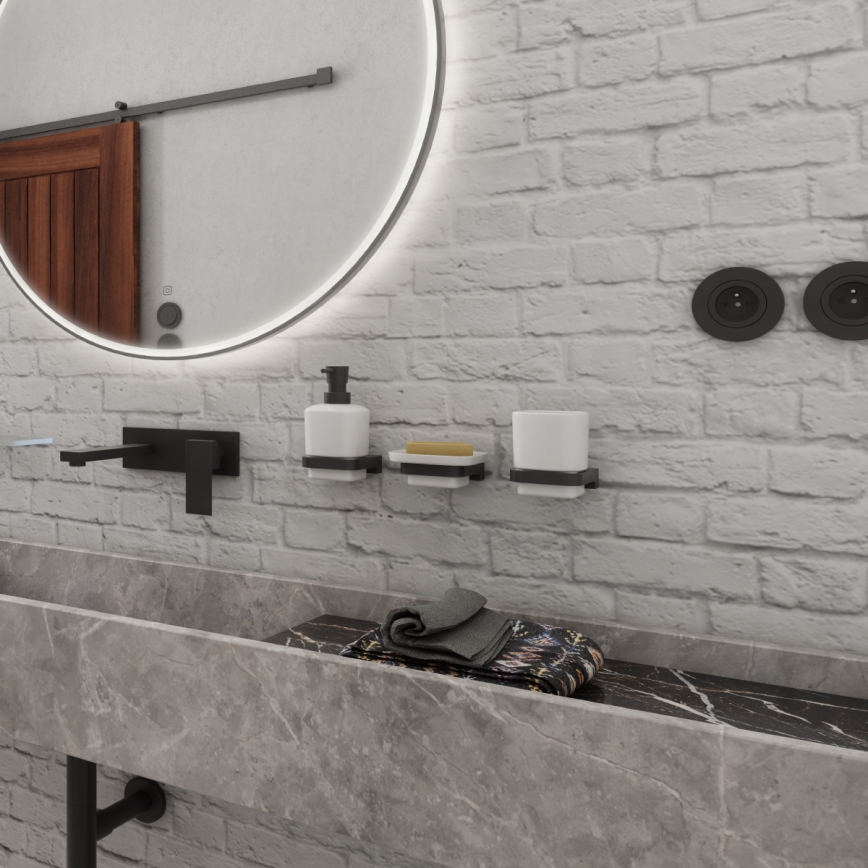 NIMCO MAC комплект-31K-T-90 - Стенен дозатор за сапун, поставка за четки за зъби и закачалка MAYA 320 мм бял/матов черен