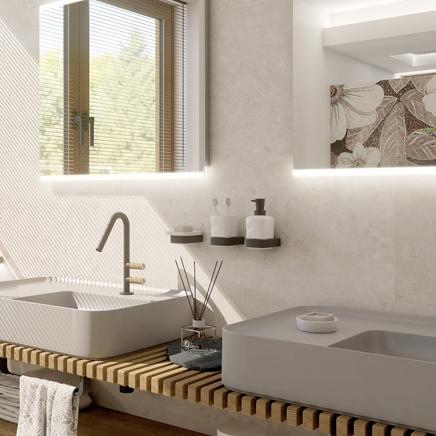 NIMCO NKC комплект-31K-T-90 - Стенен дозатор за сапун, поставка за четки за зъби и закачалка NIKAU 320 мм бял/матов черен