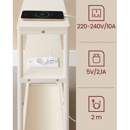 Нощно шкафче с вграден електрически контакт и USB портове ROD бяло/кремаво