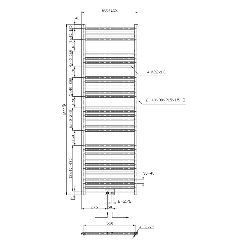 Novaservis - Сушилник за кърпи тип лира 630W/230V 180x60 cm лъскав хром прав