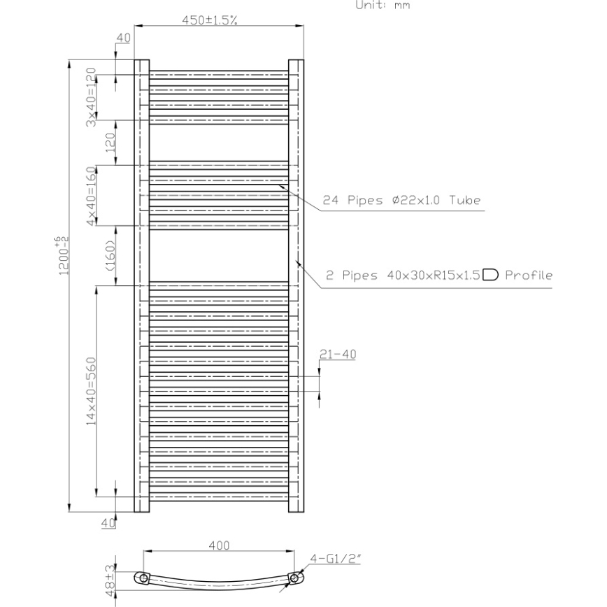 Novaservis - Радиатор-лира за баня 490W/230V 120x45 cm бял, заоблен