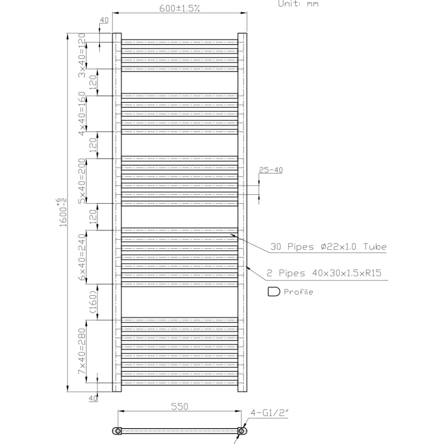 Novaservis - Радиатор за баня тип стълба 836W/230V 160x60 cm бял, прав
