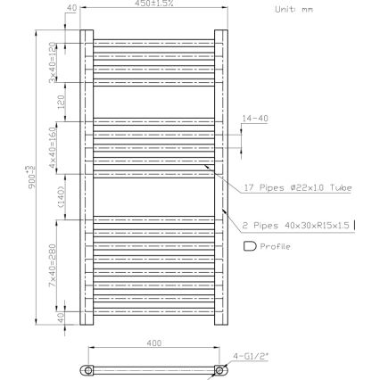 Novaservis - Стълбовиден радиатор за баня 365W/230V 90x45 cm бял, прав