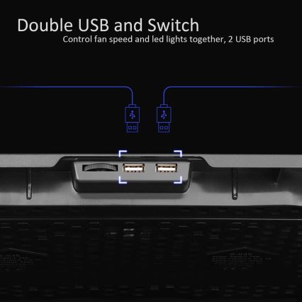 Охлаждаща подложка за лаптоп с 5 вентилатора 2xUSB черна