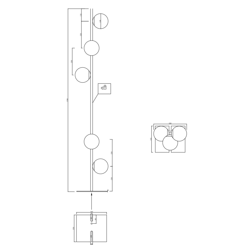 Ondaluce - Подова лампа MONILE 5xE14/10W/230V 170 cm черна/опушено-черна